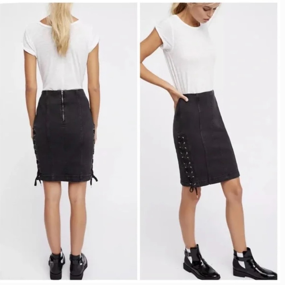 Free People Washed Black Denim Pencil skirt with ties